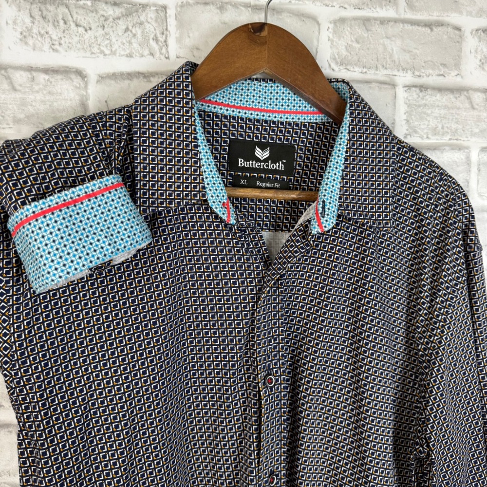Buttercloth Men XL Regular Fit Long Sleeve Button Down Shirt Geometric Navy Gold